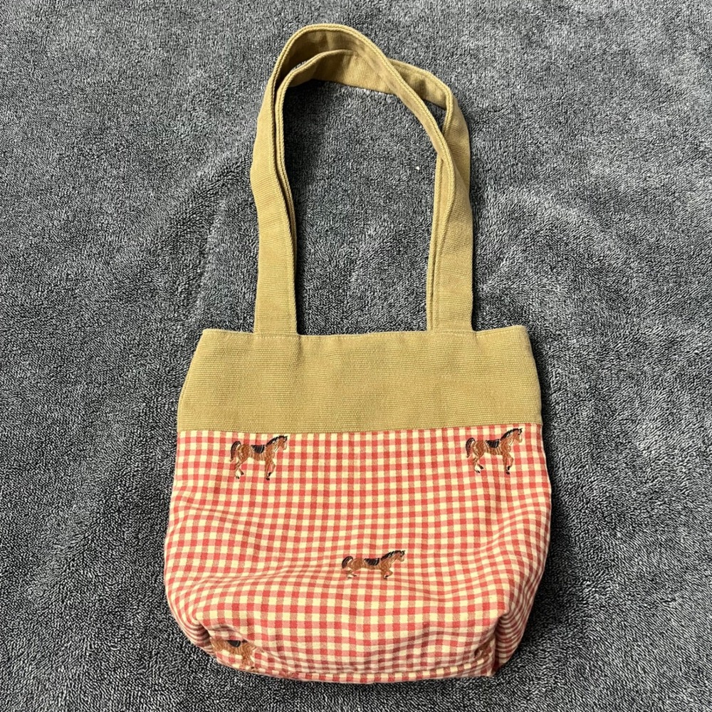 Cottagecore Equestrian Canvas Tote Bag Horse Gingham Red Tan Shoulder Bag Small